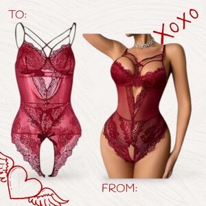 Women Lingerie Floral Lace Harness Lingerie Red Bodysuit Large